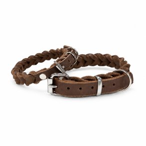 L�der halsb�nd - flettet - brun