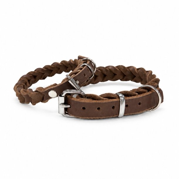 L�der halsb�nd - flettet - brun
